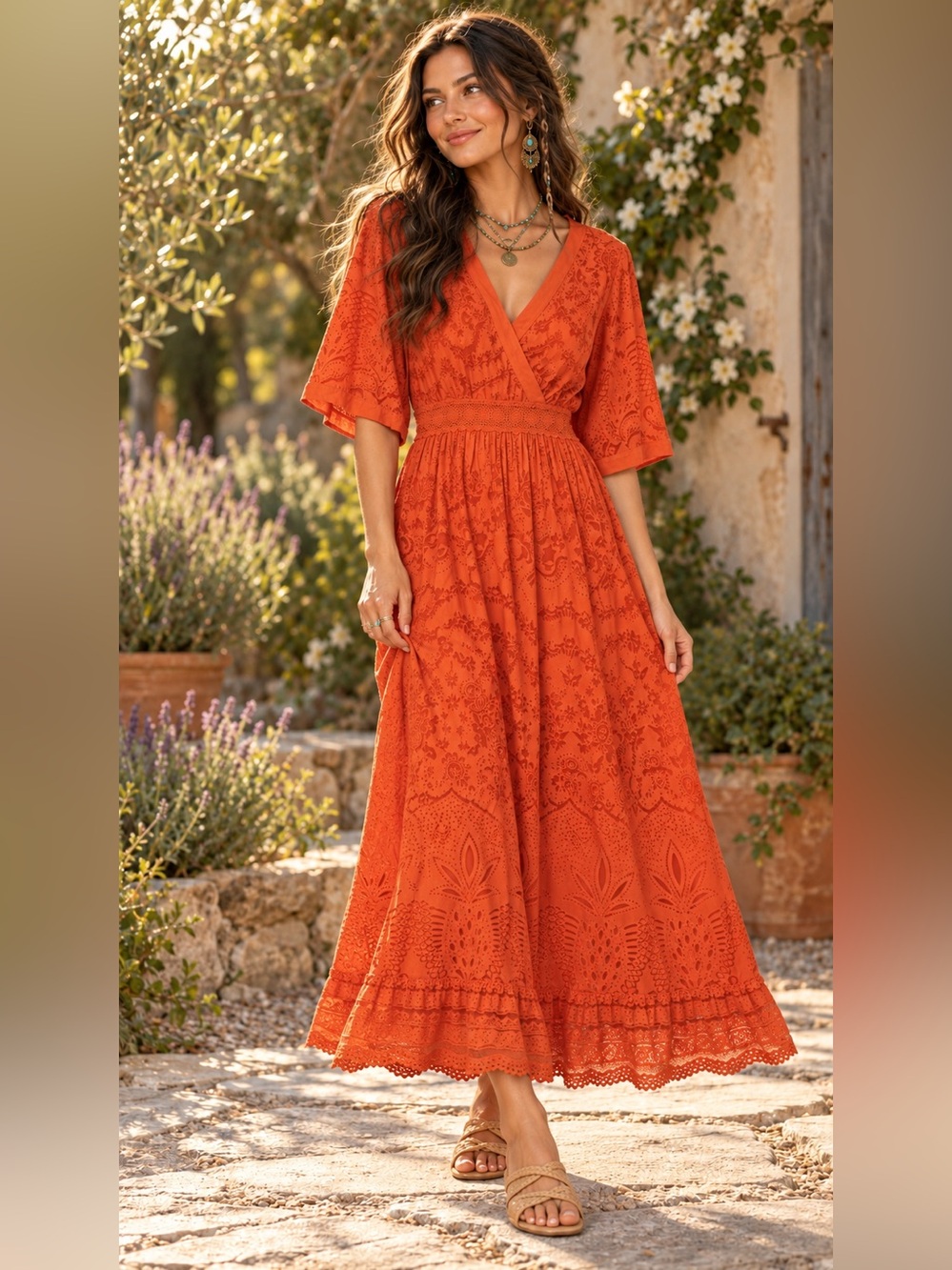 Anthropologie x FARM Rio Devore Orange Lace Maxi Dress Boho Festival Flowy